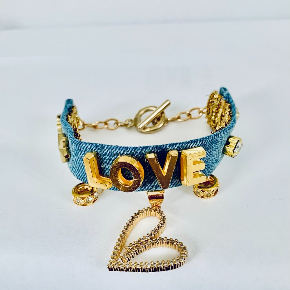 New Handmade in USA Denim Bracelet LOVE with Charms and Beads–Boho Chic Jewelry